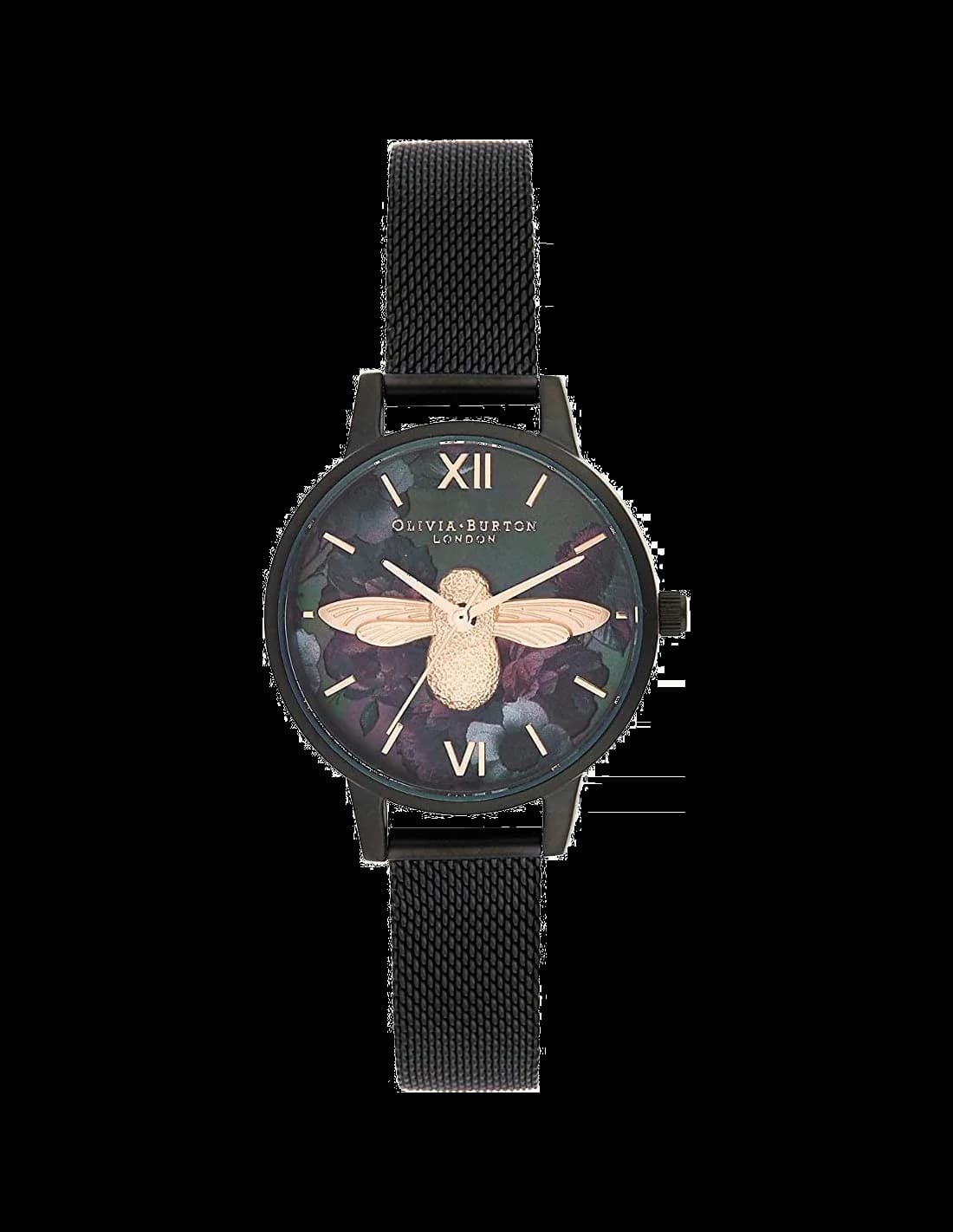 Montre Femme Olivia Burton OB16AD39 Cadran Noir Floral avec Bracelet Maille Milanaise Noire et Or Rose
