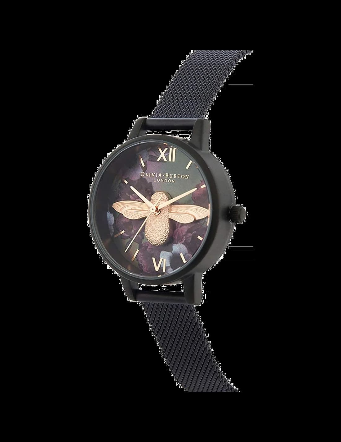 Montre Femme Olivia Burton OB16AD39 Cadran Noir Floral avec Bracelet Maille Milanaise Noire et Or Rose vue 2
