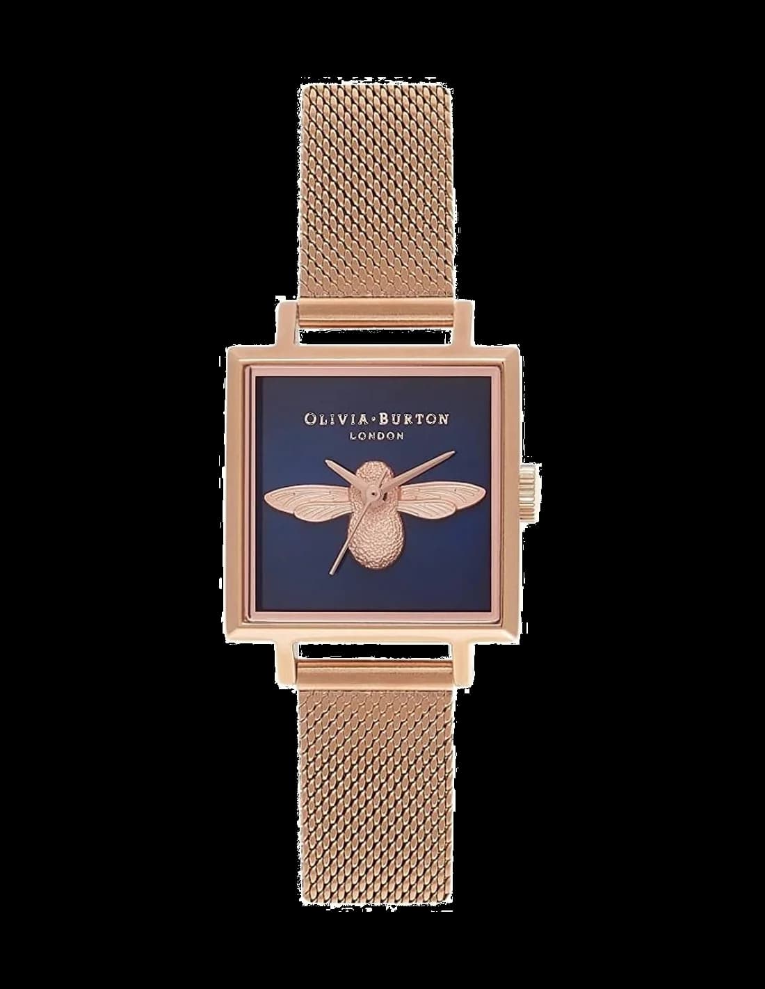 Montre Femme Olivia Burton OB16AM96 Abeille 3D, Cadran Carré Noir et Bracelet Maille Milanaise Or Rose