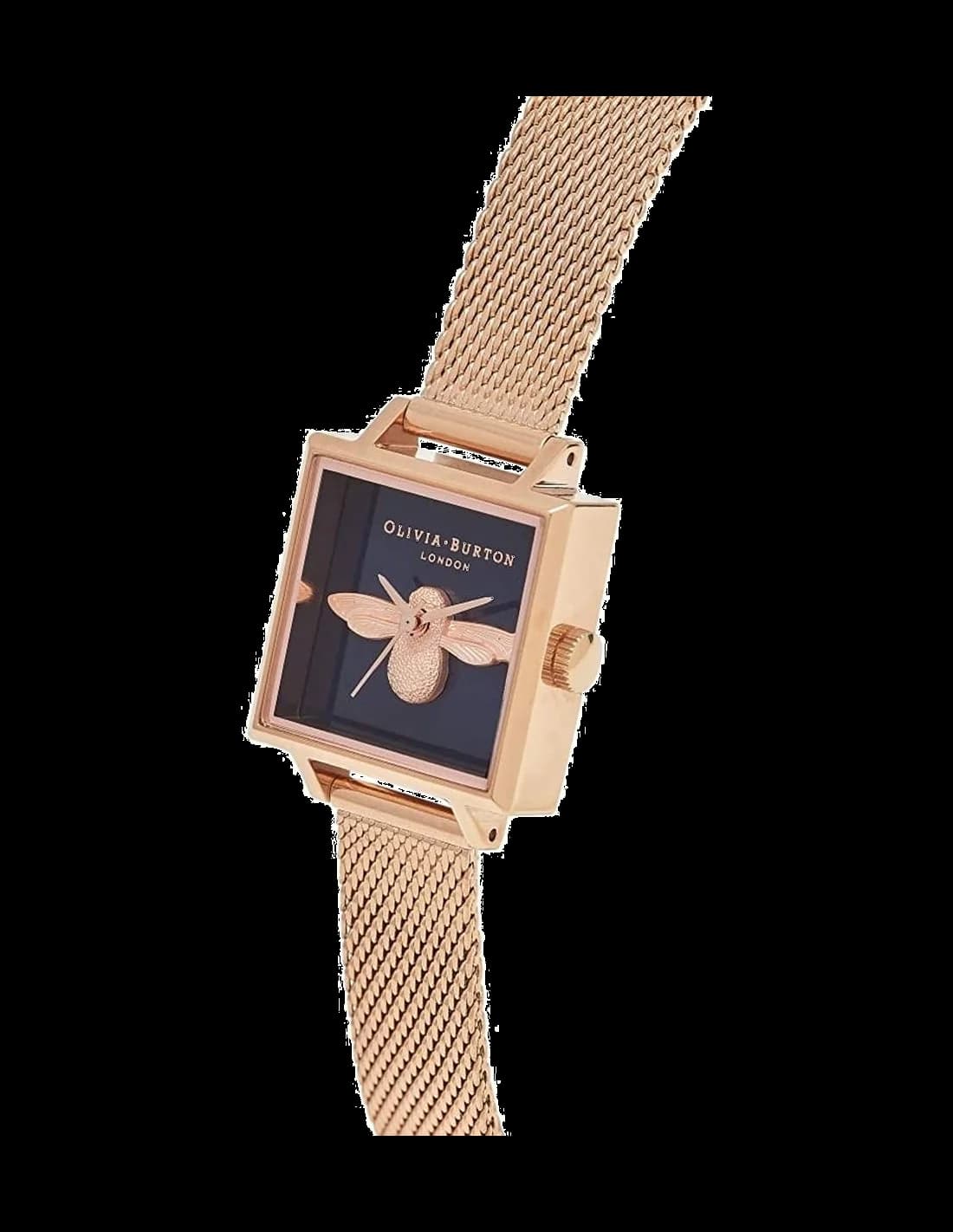 Visage cadran Olivia Burton OB16AM96 présente index dorés, aiguilles type feuille et complication date à 3h pour une lisibilité élégante