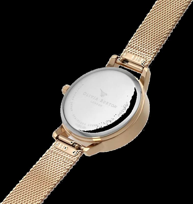 Visage cadran Olivia Burton OB16FB04 montrant index bâtons dorés et aiguilles dauphine
