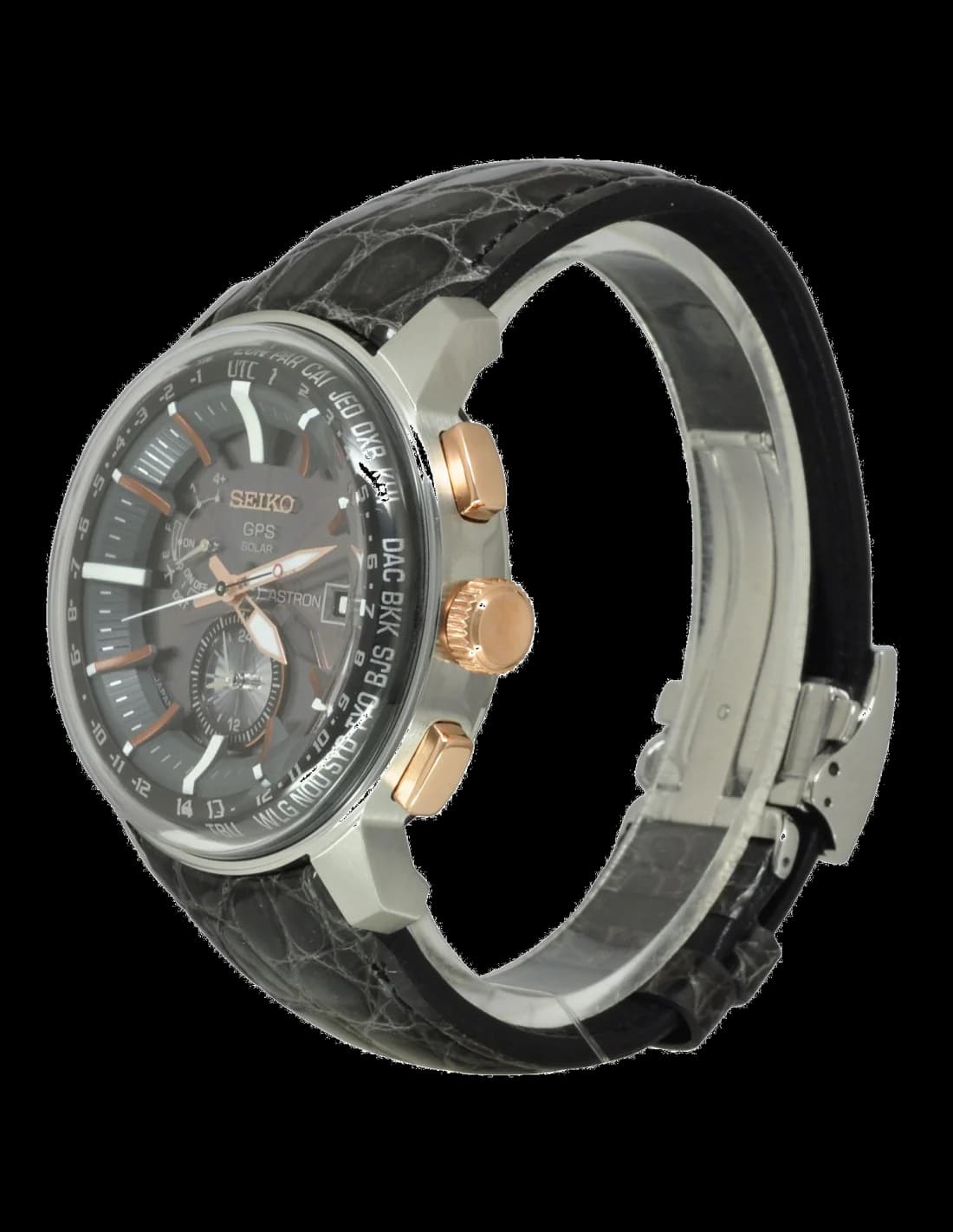 Visage cadran Seiko SAS038J1 détail des index bâtons polis, aiguilles dauphines et guichet date à 4h30