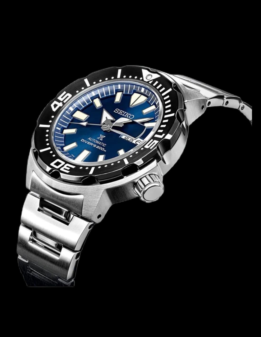 Visage cadran Seiko SRPD25K1 arbore index triangulaires, aiguilles robustes et date à 3h, contraste blanc sur bleu