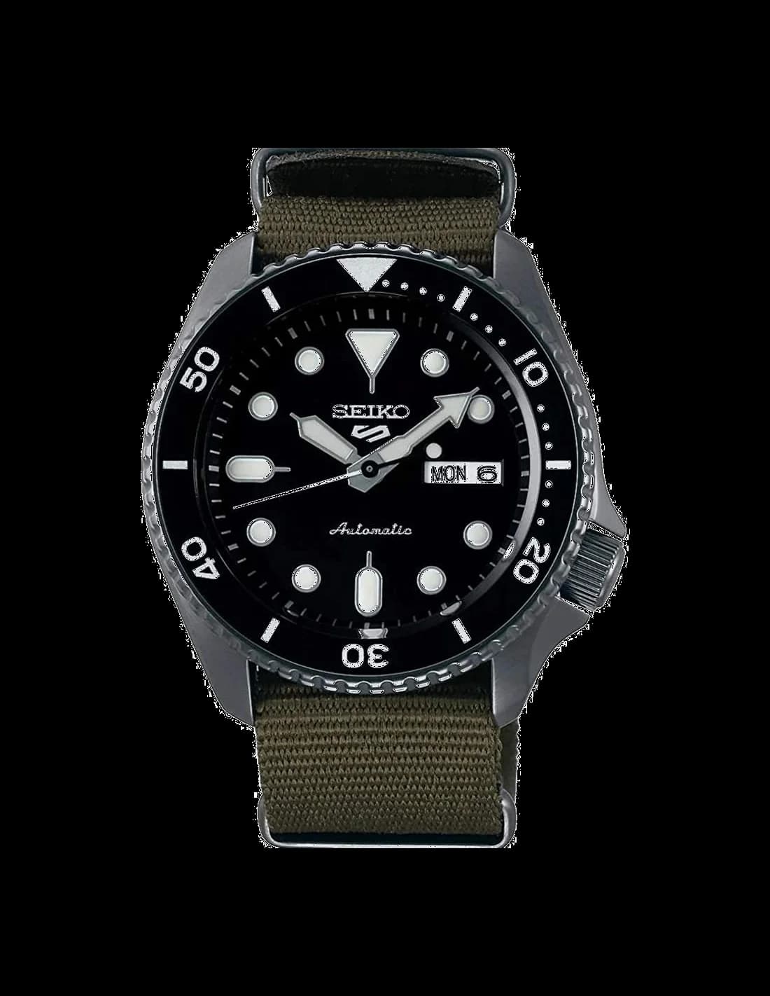Montre Seiko 5 SRPD65K4 Automatique Homme - Boîtier Nylon Noir, Cadran Noir, Bracelet NATO Vert