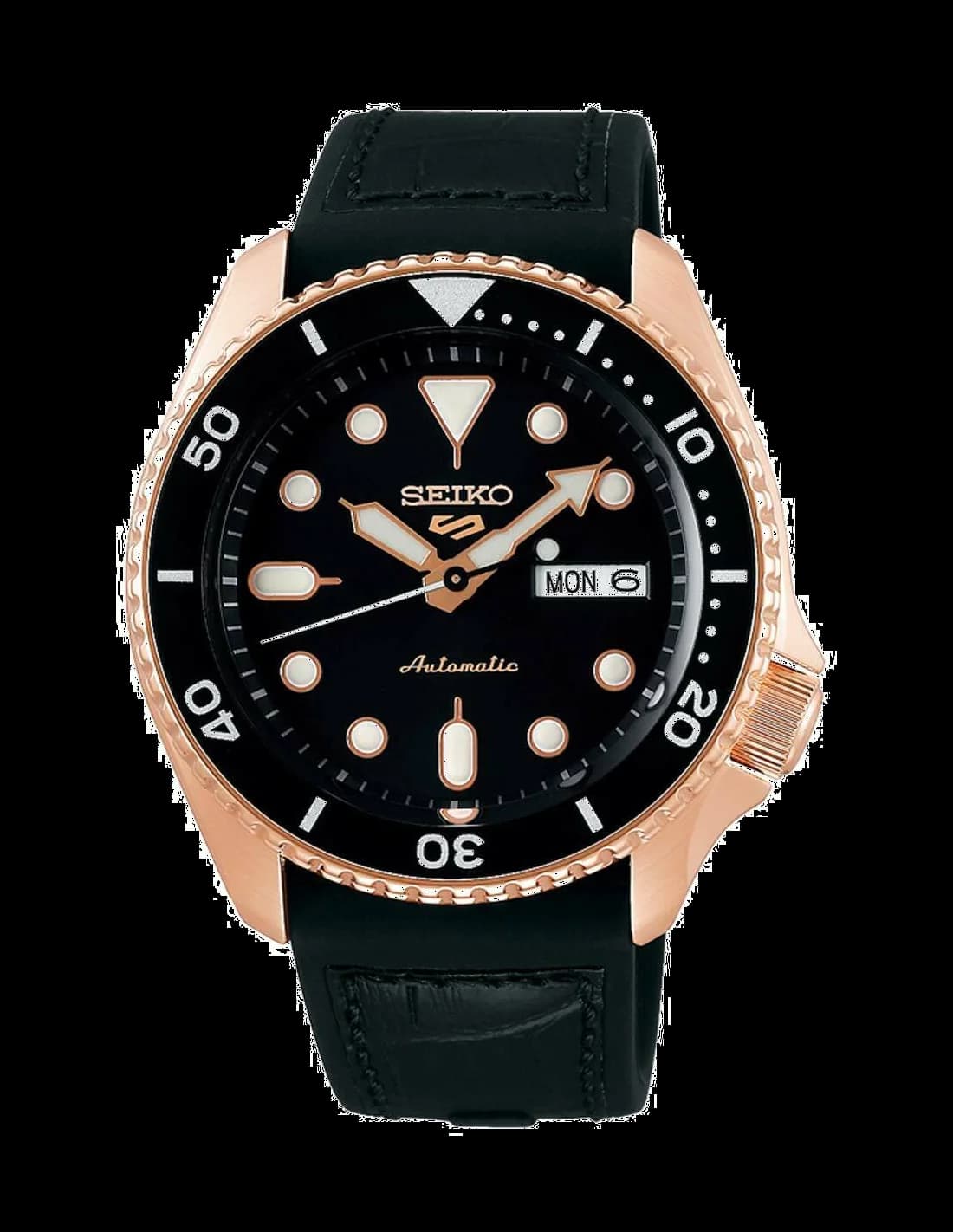 Montre Seiko 5 Sports SRPD76K1 Automatique Homme - Boîtier Or Rose, Cadran Noir, Bracelet Acier