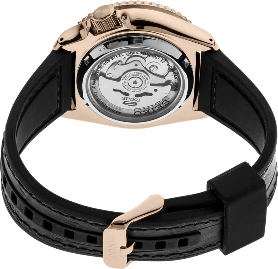 Lunette boîtier Seiko SRPD76K1 en acier inoxydable avec revêtement or rose, lunette unidirectionnelle, fond transparent, 42.5 mm