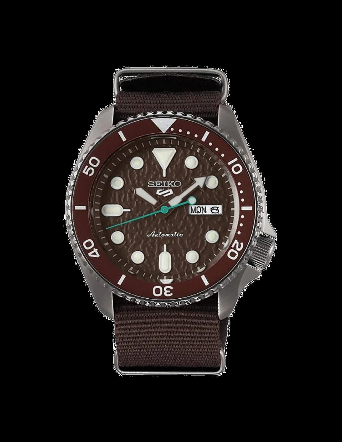 Montre Seiko 5 SRPD85K1 Automatique Homme - Cadran Marron Soleillé, Boîtier Nylon et Bracelet Nylon Kaki