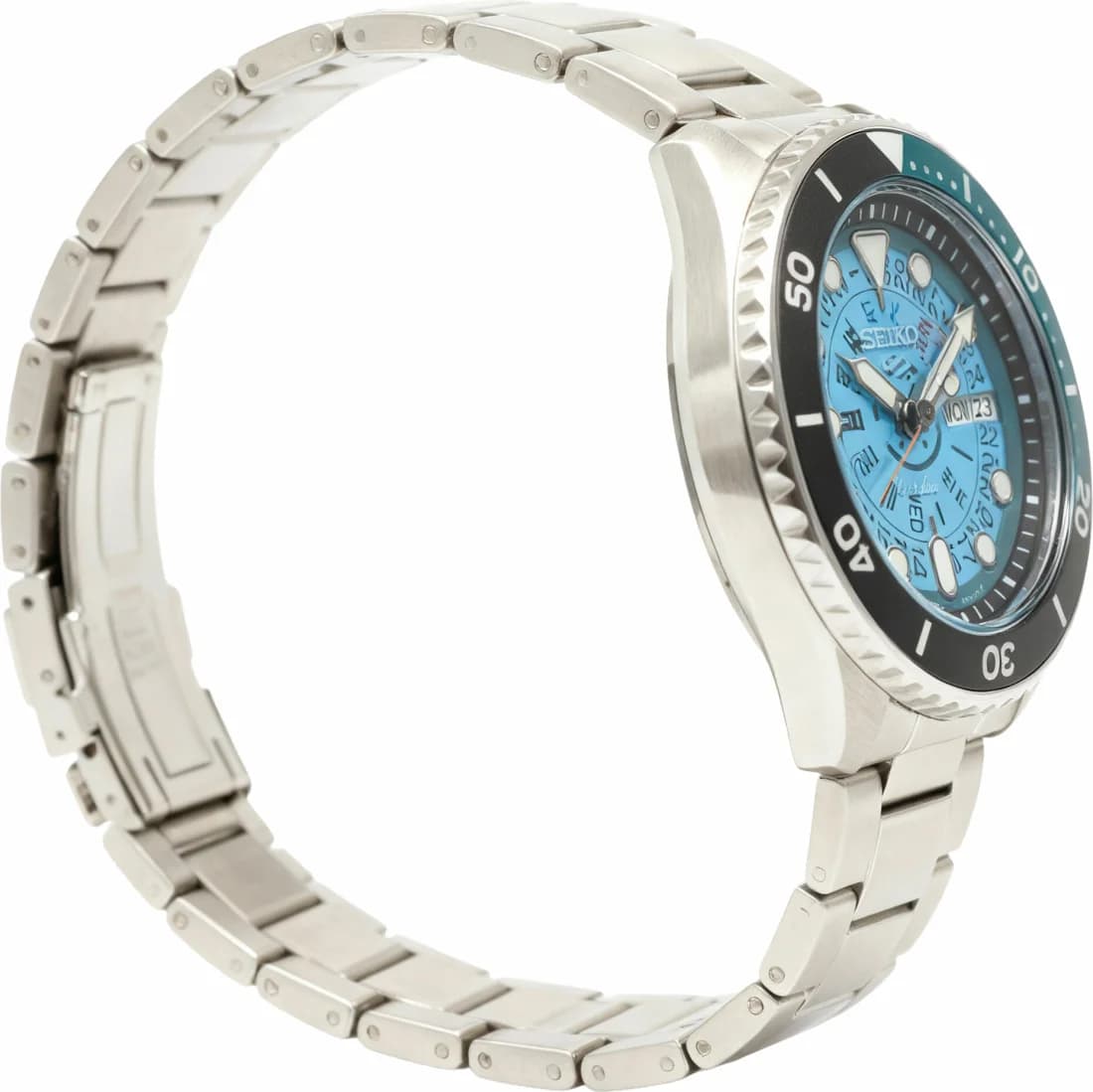 Visage cadran Seiko SRPJ45BL affichant index appliqués bâtons et aiguilles luminescentes sur fond soleil bleu