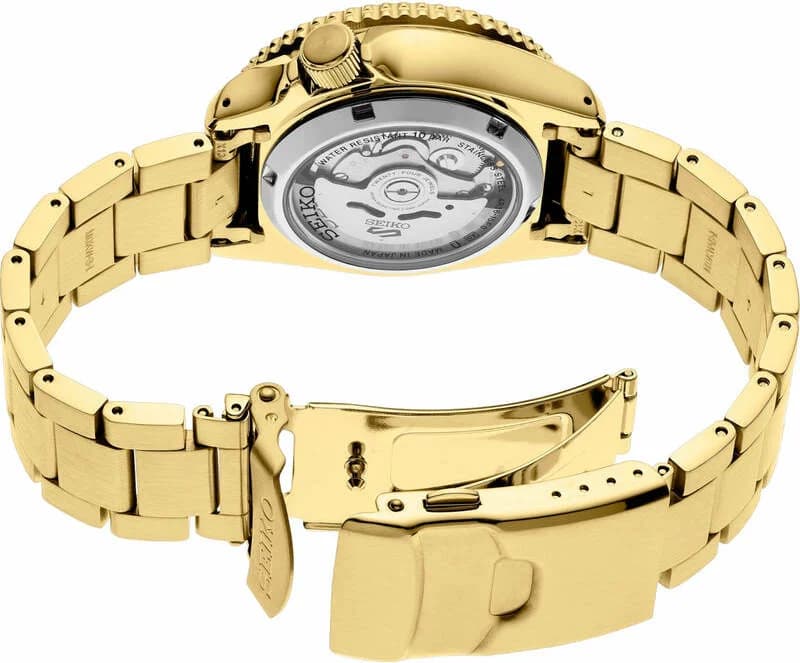Lunette boîtier Seiko SRPK18 tonneau de 38mm en acier poli-brossé, lunette fine fixe et fond transparent dévoilant le calibre 4R36