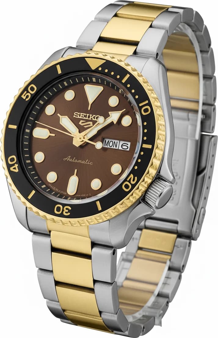 Visage cadran Seiko SRPK22BR affiche index bâtons polis et aiguilles dauphine bicolores sur fond marron texturé