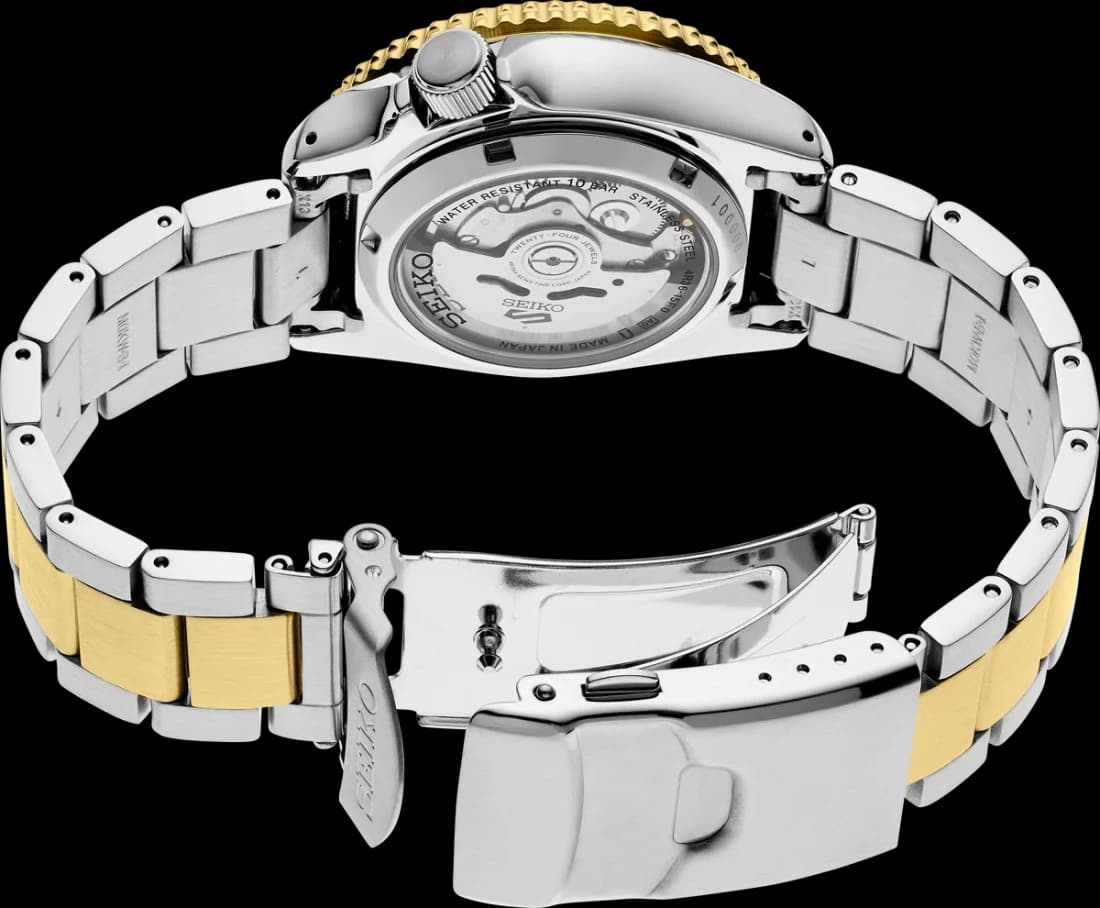 Attache bracelet Seiko SRPK22BR en acier bicolore avec fermoir déployant ajustable et boucle sécurisée