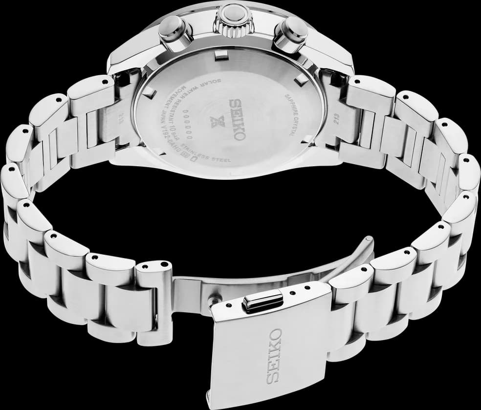 Attache bracelet Seiko SSC915P1 en acier inoxydable à triple boucle déployante, maillons satinés et polis, ajustement micrométrique pour confort