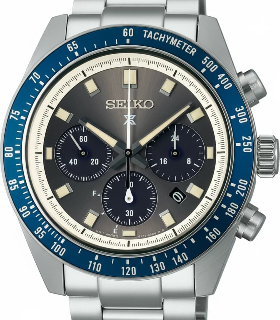 Visage cadran Seiko SSC939P1 avec index appliqués bâtons, aiguilles dauphine et guichet date à 4h30