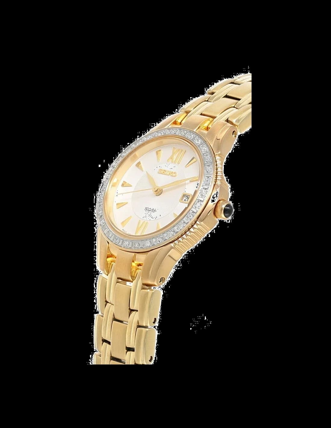 Visage cadran Seiko SXDA86 avec index diamants, aiguilles dauphine polies et guichet date à 3h