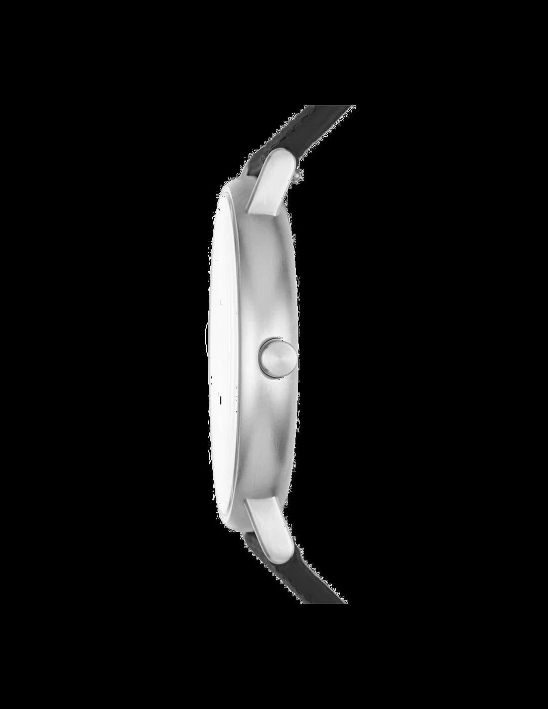 Visage cadran Skagen SKW6356 dévoilant des index baton appliqués, aiguilles dauphine et guichet date à 3h sur fond bleu soleillé