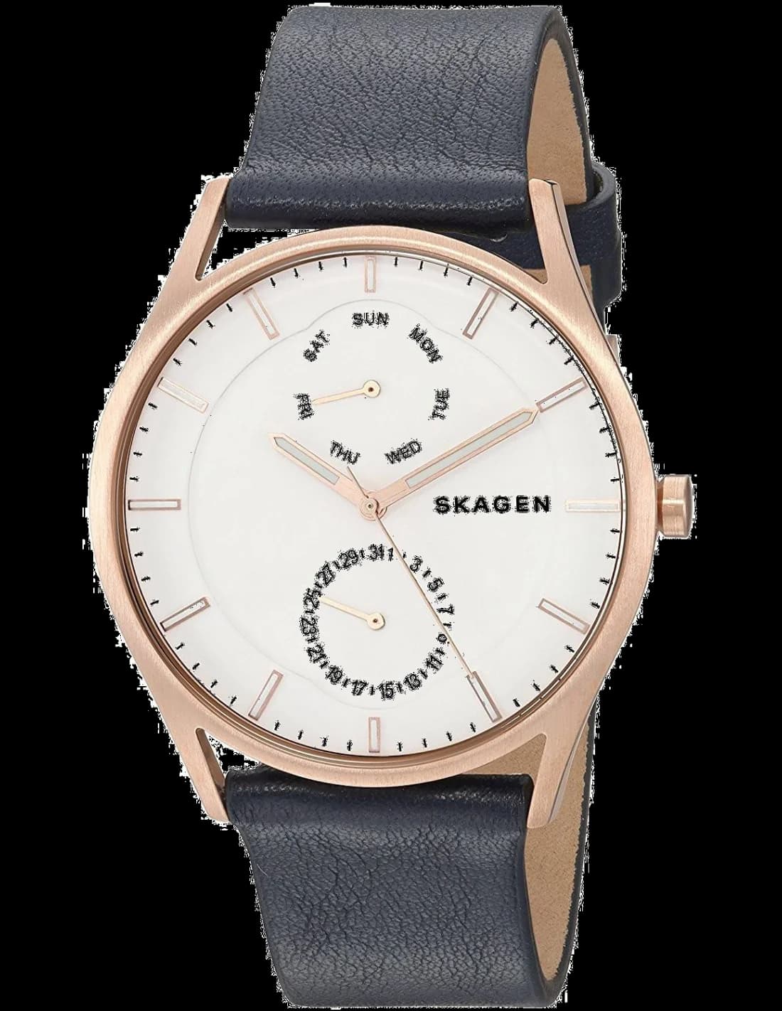 Montre Skagen Signatur SKW6372 Homme, Cadran Blanc, Boîtier Or Rose, Bracelet Cuir Noir