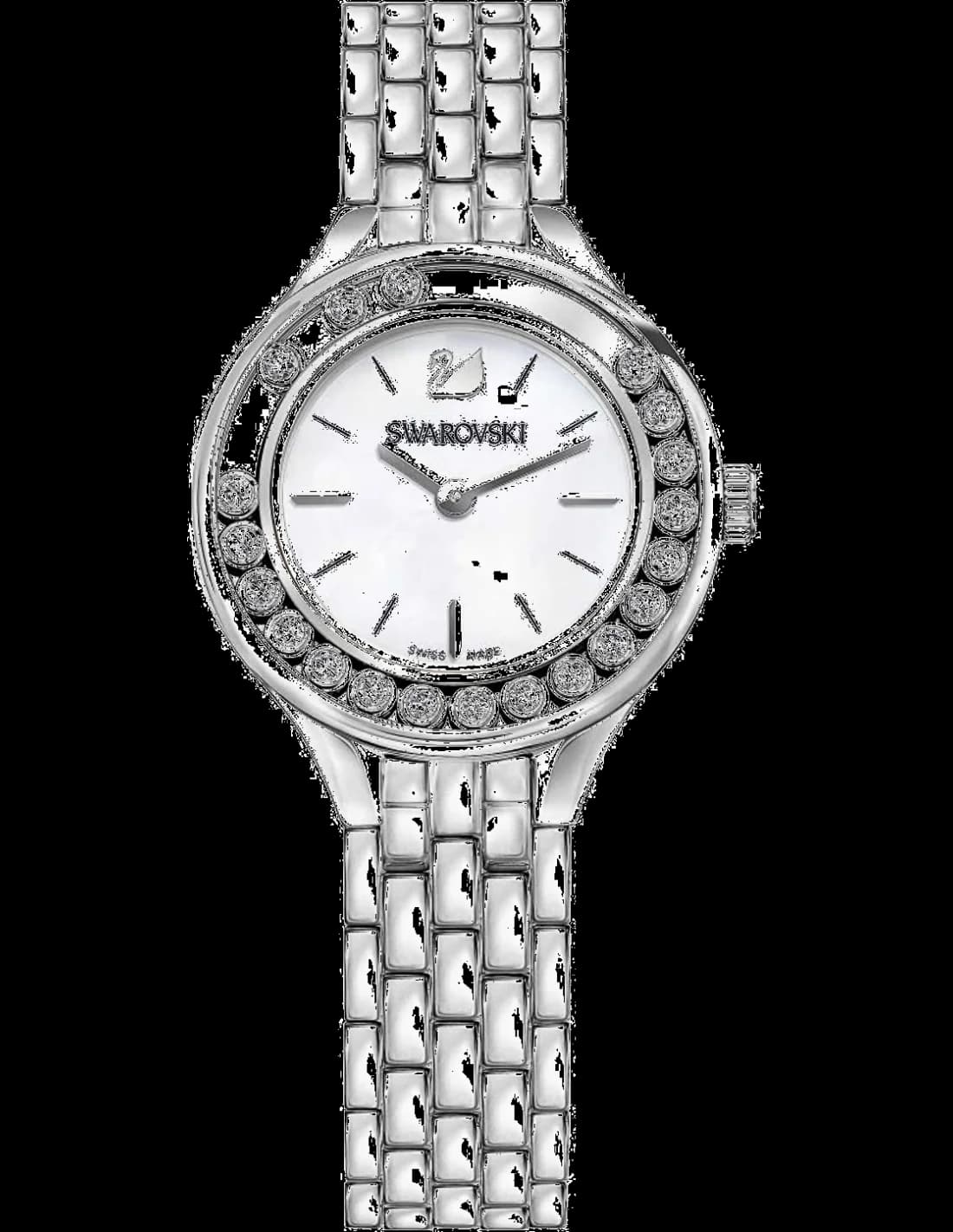 Garde-temps Swarovski 5242901 au cadran nacre blanc irisée, aiguilles dorées et index cristal scintillant