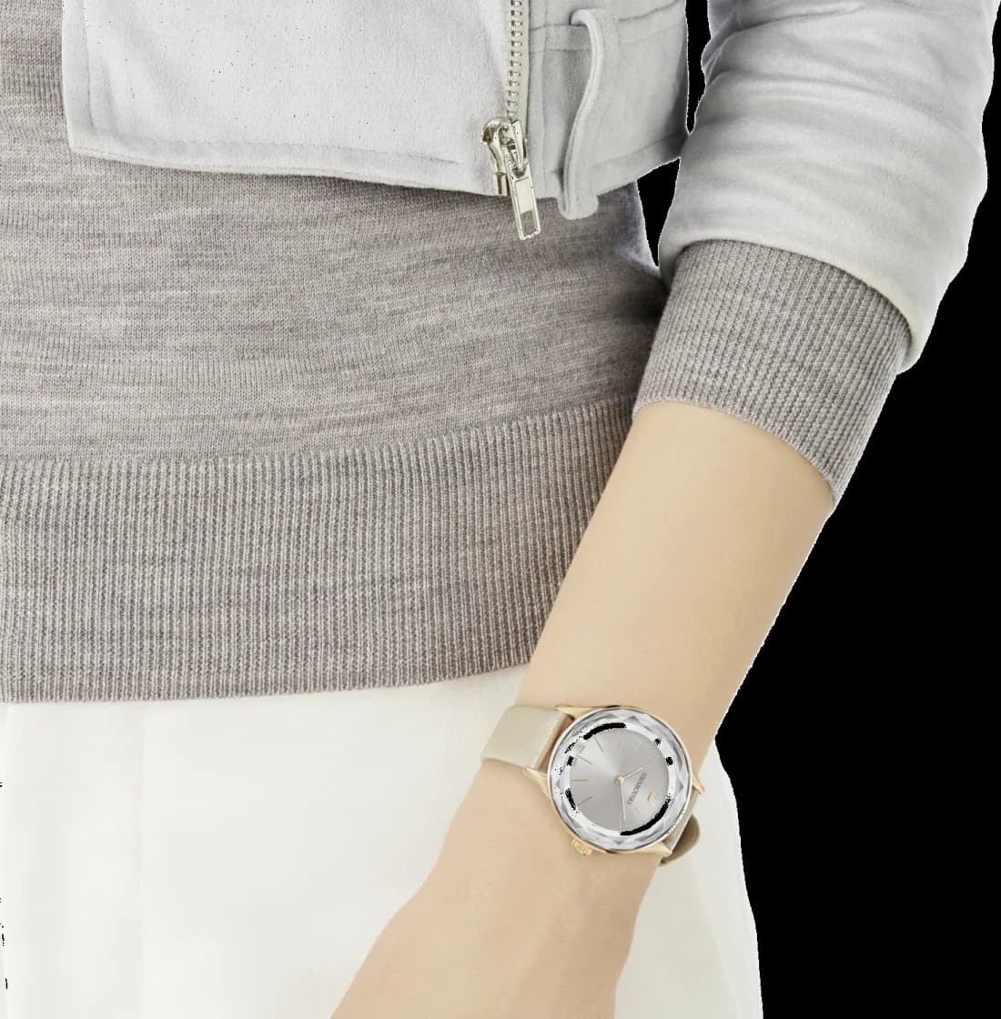 Attache bracelet Swarovski 5295326 en cuir gris avec fermoir boucle ardillon en acier inoxydable et coutures ton sur ton