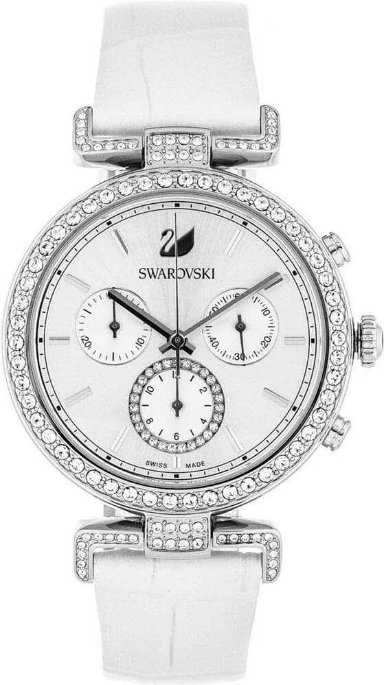 Garde-temps Swarovski 5295346 au cadran blanc nacré, index baguette et aiguilles facettées, chronographe à complication date-jour