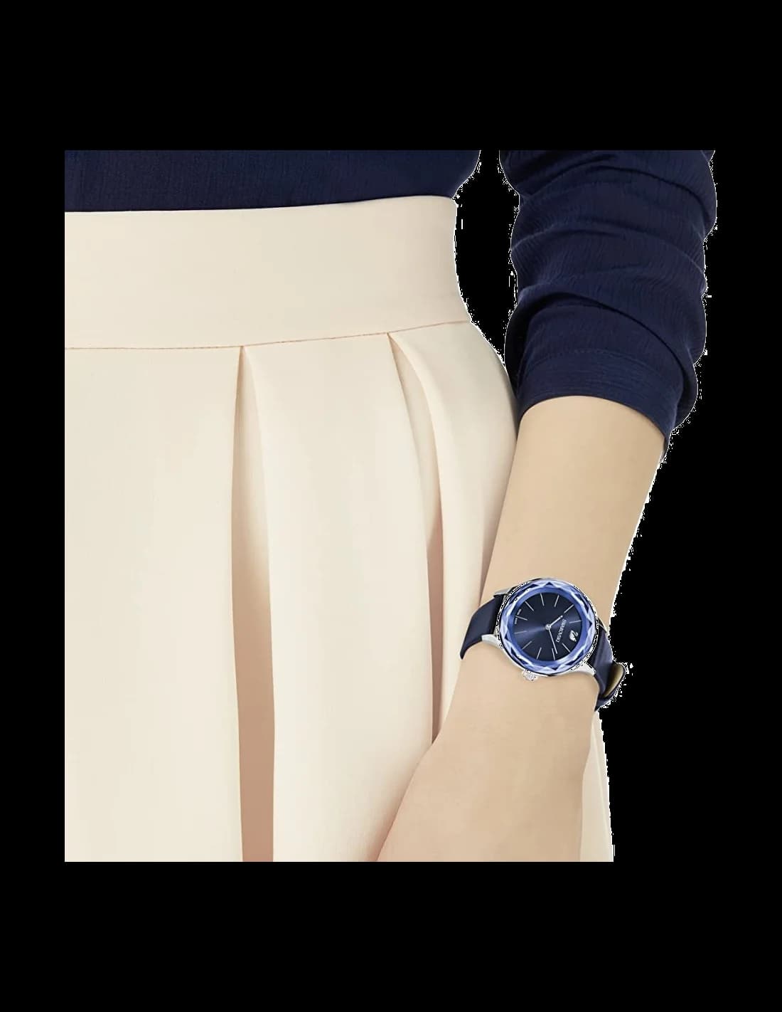Attache bracelet Swarovski 5295349 en cuir bleu cousu, boucle ardillon en acier inoxydable poli