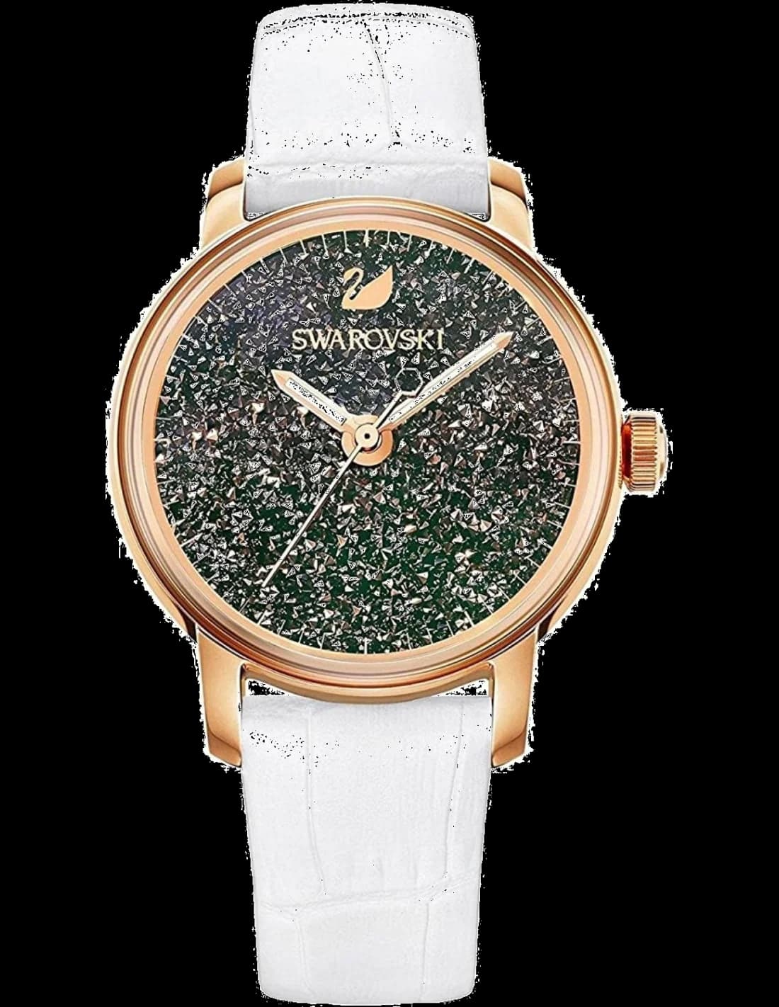Montre Femme Swarovski Crystalline 5344635, Cadran Vert, Boîtier Or Rose, Bracelet Cuir Blanc