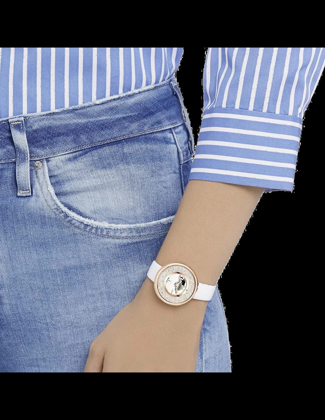 Attache bracelet Swarovski 5376083 bracelet cuir blanc veiné, boucle ardillon en acier inoxydable poli