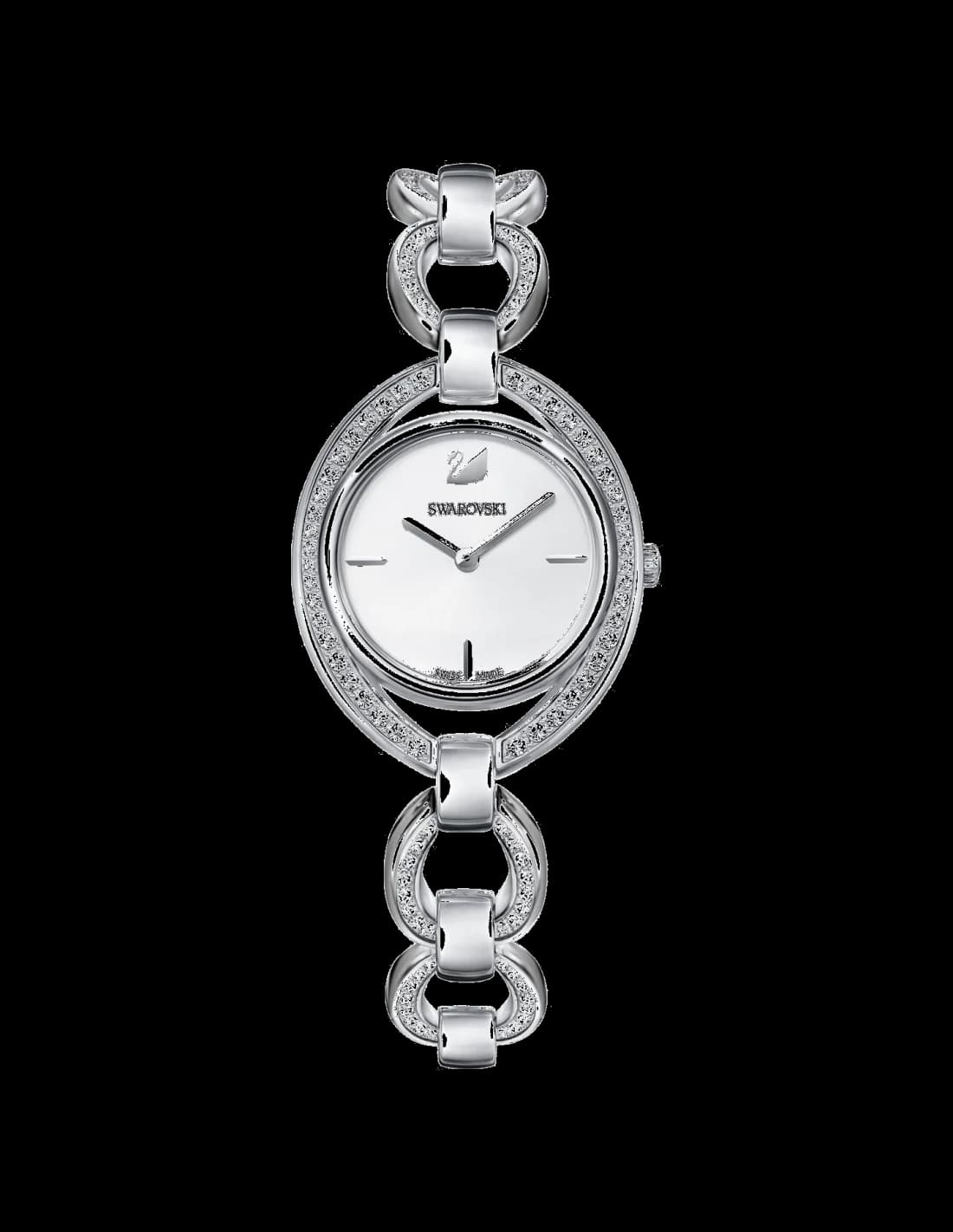 Garde-temps Swarovski 5376815 au cadran blanc nacré et index dorés, boîtier ovale en acier inoxydable