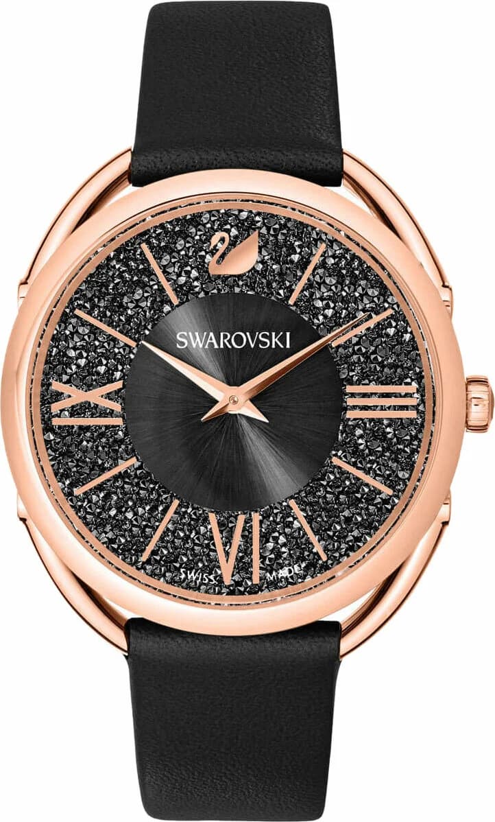 Attache bracelet Swarovski 5452452 en cuir noir grainé, fermoir boucle ardillon en acier inoxydable plaqué or rose