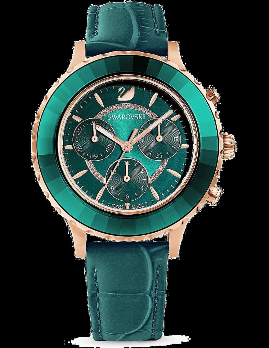 Garde-temps Swarovski 5452498 au cadran vert émeraude soleil, aiguilles bâton et index cristal Swarovski, chronographe 3 compteurs