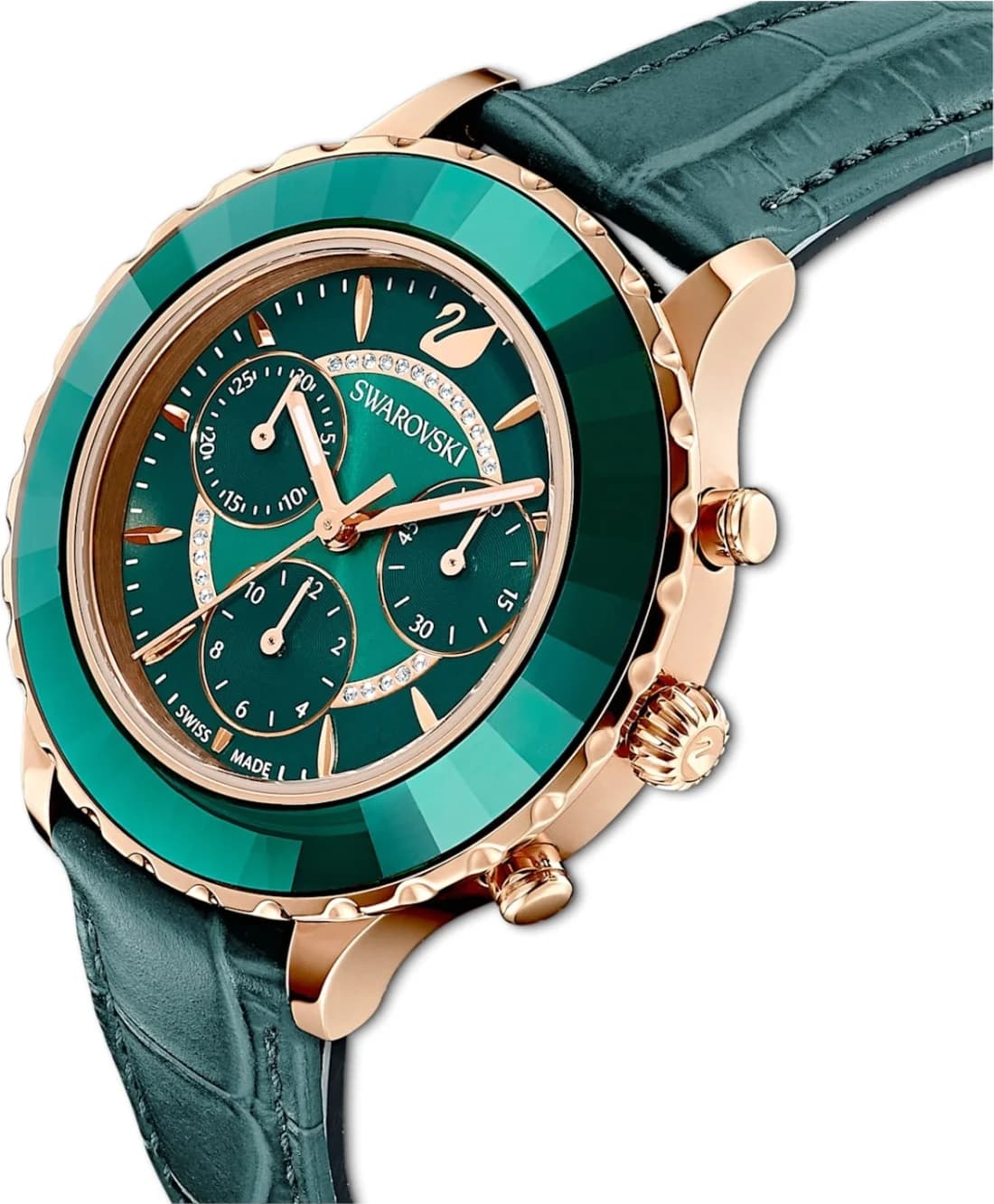 Attache bracelet Swarovski 5452498 en cuir vert émeraude à boucle ardillon en acier inoxydable, surpiqûres ton sur ton, cousu main