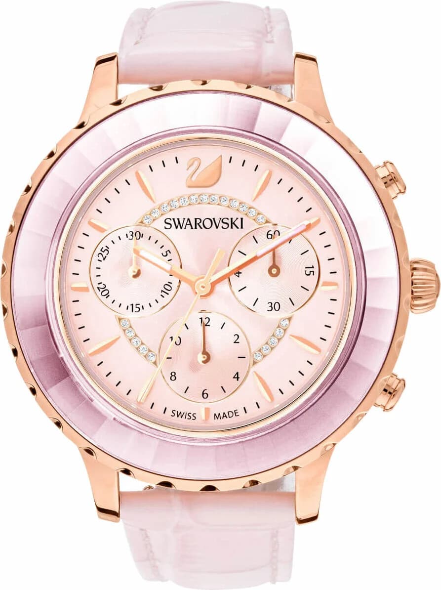 Attache bracelet Swarovski 5452501 en cuir rose cousu main avec boucle ardillon en acier et finitions satinées