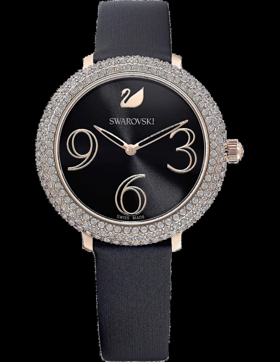 Montre Femme Swarovski Crystal Frost 5484058 - Cadran noir orné de cristaux, bracelet cuir noir, boîtier or rose