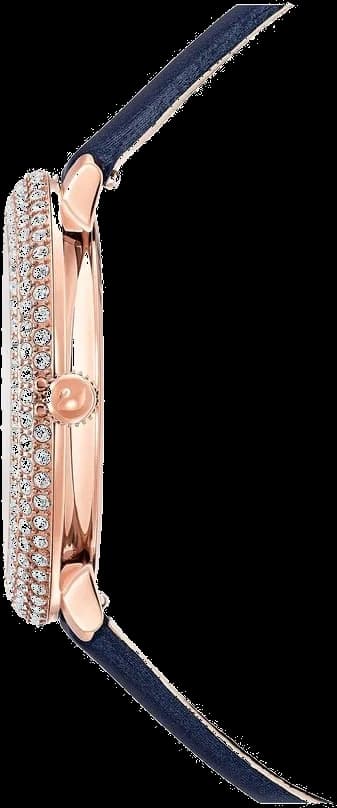 Visage cadran Swarovski 5484061 dévoile des index appliqués en cristaux scintillants, aiguilles dauphine dorées et guichet date à 3h