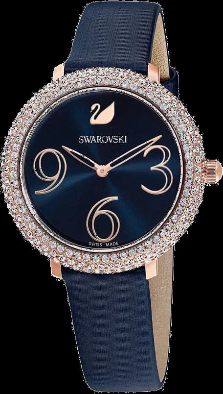 Attache bracelet Swarovski 5484061 en cuir satiné bleu nuit avec boucle ardillon en acier inoxydable doré, cristaux en escalier