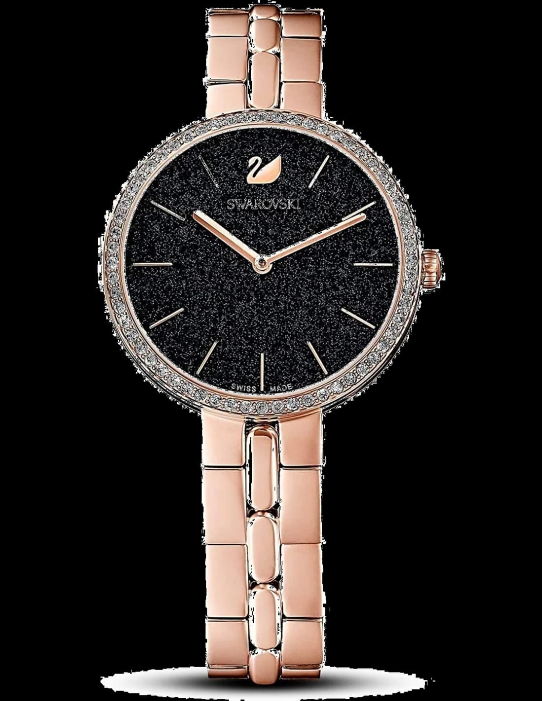 Montre Femme Swarovski Cosmopolitan 5517797 Cadran Noir Poudre Diamants Bracelet Or Rose