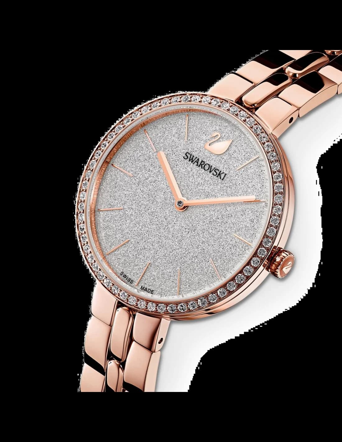 Visage cadran Swarovski 5517803 avec index diamant taille brillant aiguilles baton en acier rosé date guichet