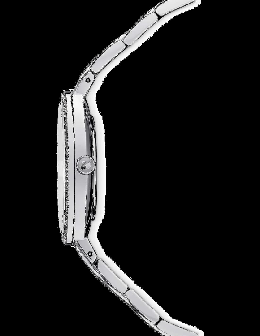Visage cadran Swarovski 5517807 dévoile index bâtons dorés, aiguilles dauphine et guichet dateur à 3h sous verre saphir antireflet