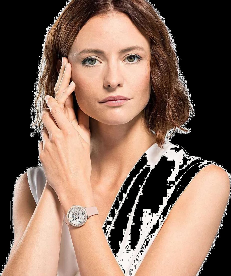 Attache bracelet Swarovski 5519223 en cuir rose avec fermoir boucle ardillon, finition cousue main