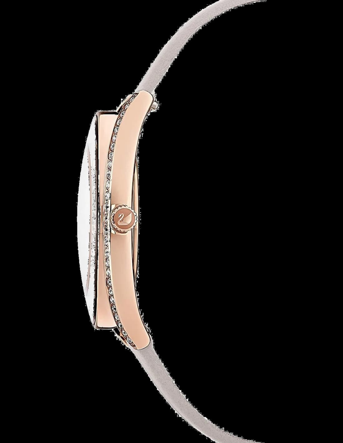 Visage cadran Swarovski 5519450 détail aiguilles dorées et index cristal nacré, date à 3h