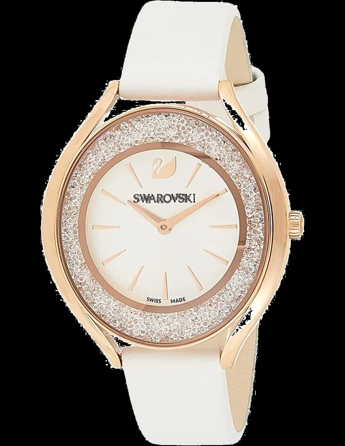 Montre Femme Swarovski Crystalline Aura 5519453, cadran argent, boîtier or rose, bracelet cuir blanc