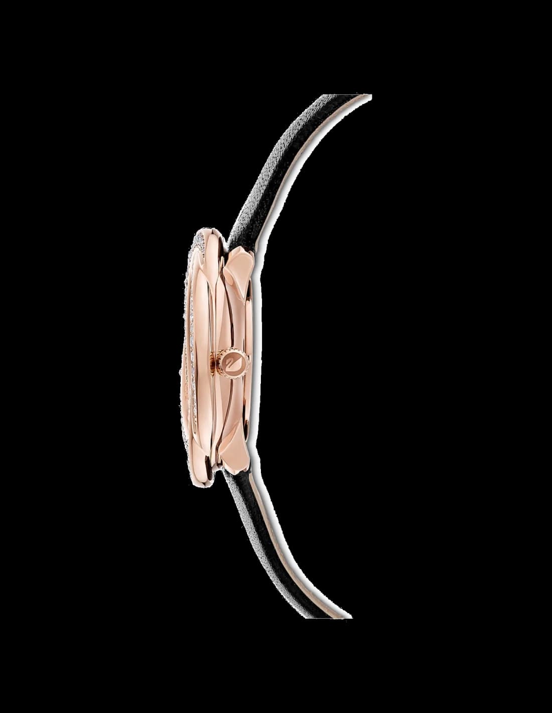 Visage cadran Swarovski 5552421 avec fleur cristal centrale, index bâtons dorés et aiguilles dauphine, motif floral gravé