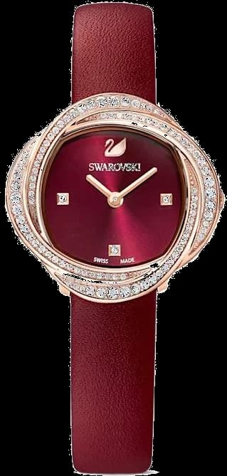 Garde-temps Swarovski 5552780 affichant un cadran bordeaux scintillant serti de cristaux avec aiguilles fines en tons argentés