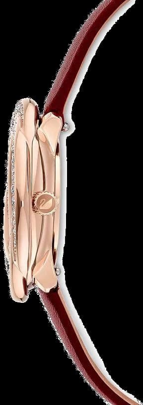 Visage cadran Swarovski 5552780 avec index à cristaux scintillants et aiguilles bâton argentées sur fond bordeaux lumineux