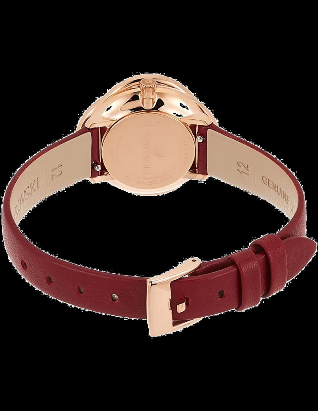 Attache bracelet Swarovski 5552780 en cuir bordeaux avec une boucle ardillon en acier inoxydable et surpiqûres ton sur ton