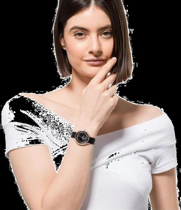 Attache bracelet Swarovski 5558634 cuir noir grainé avec boucle ardillon acier gravée