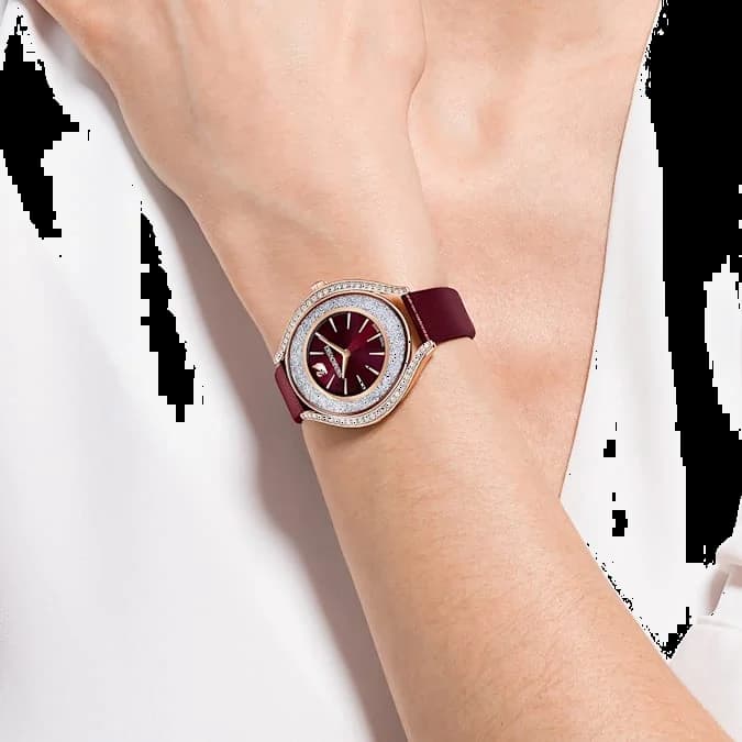 Montre Femme Swarovski 5558637, Boîtier Or Rose Acier et Bracelet Cuir Bordeaux vue 4