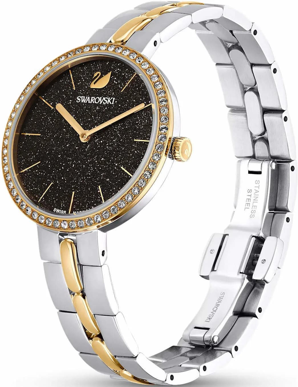 Visage cadran Swarovski 5644072 avec index bâtons argentés et aiguilles dorées sur fond noir scintillant