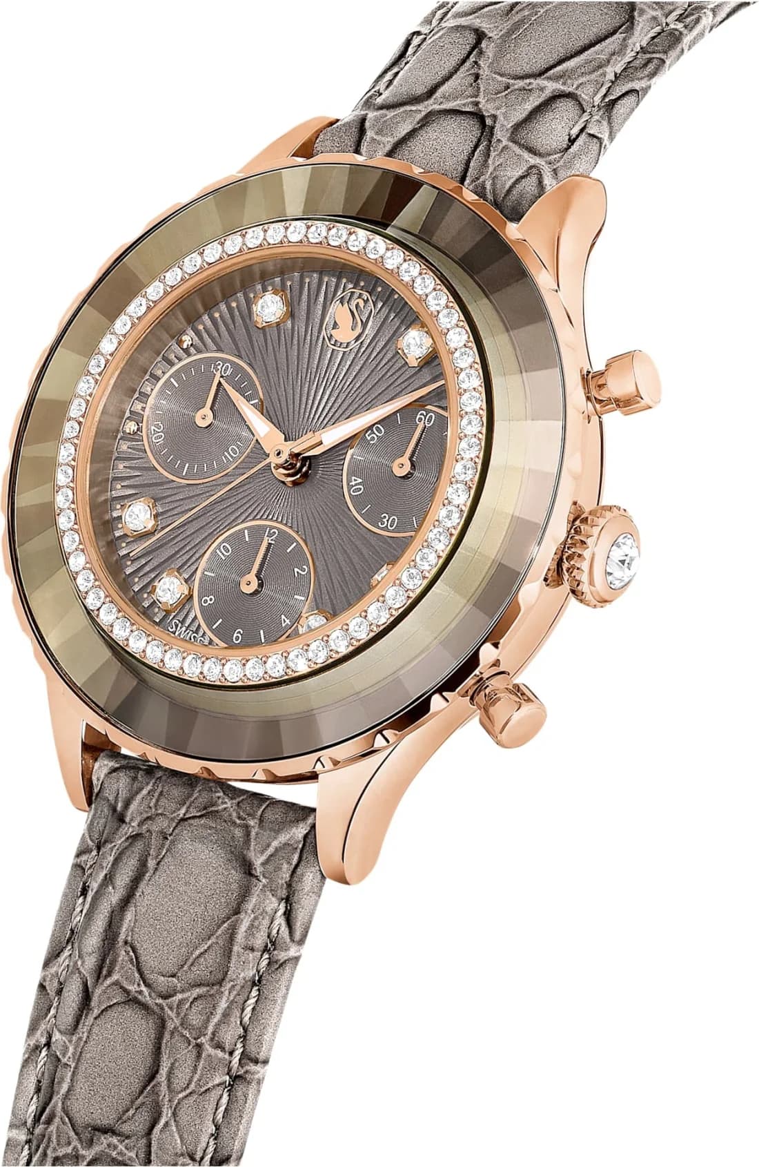 Visage cadran Swarovski 5671153 aux index bâtons dorés, aiguilles facettées et guichet date à 4h30