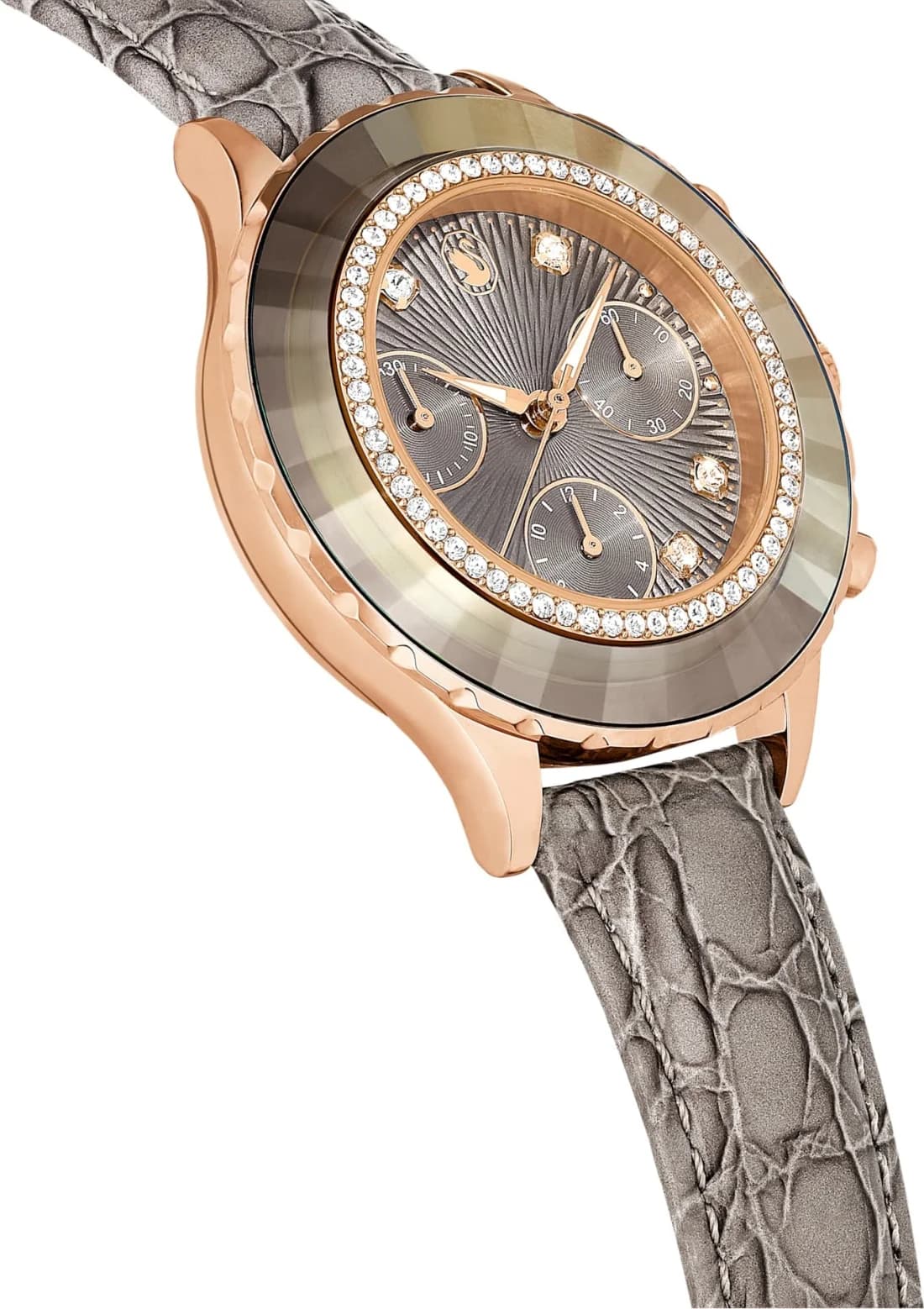 Attache bracelet Swarovski 5671153 en cuir gris perlé avec boucle déployante en acier PVD or rose et surpiqûres ton sur ton