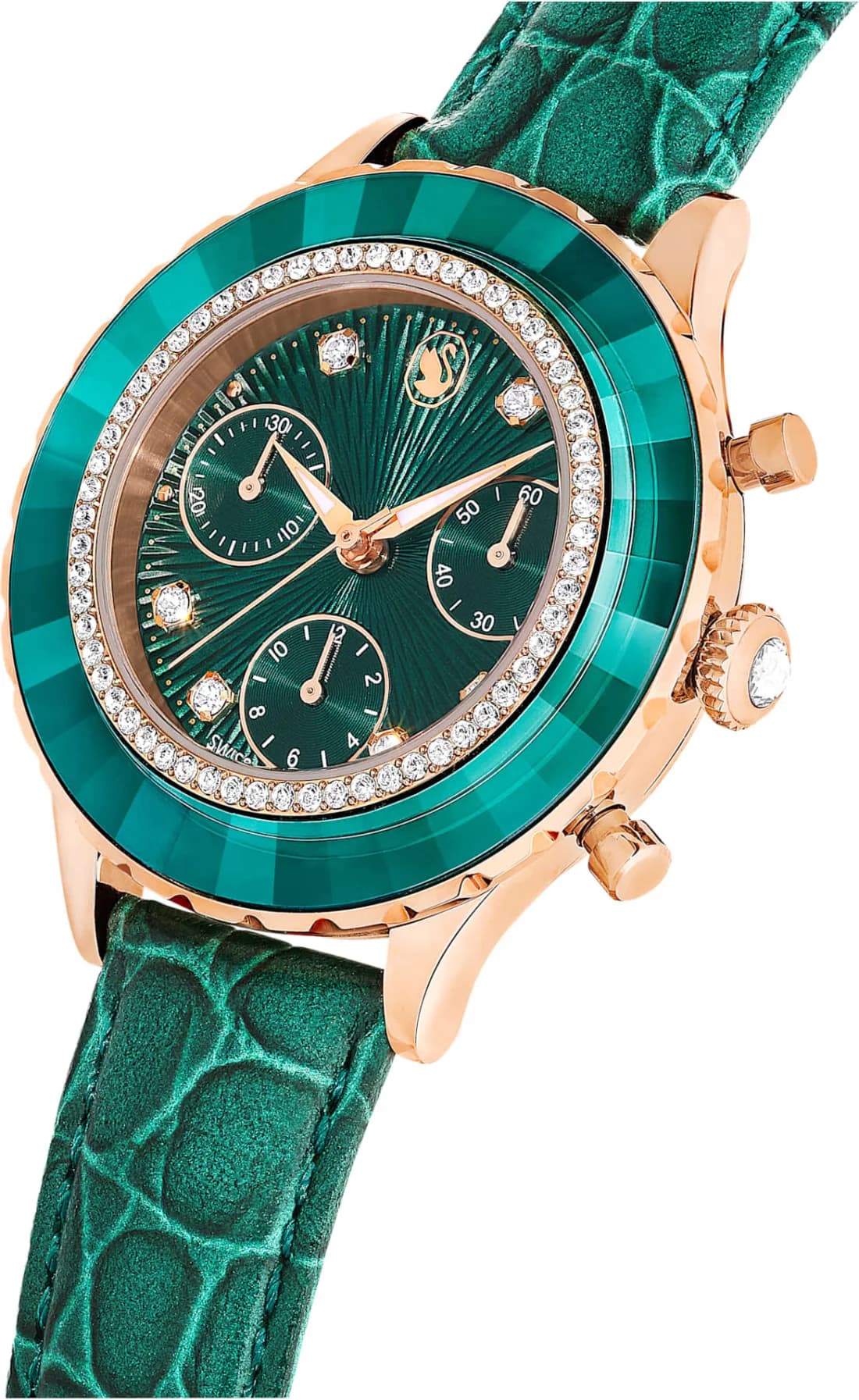 Visage cadran Swarovski 5672931 avec trois compteurs chronographe, date à 4h30, marquage Swarovski et finition or rose